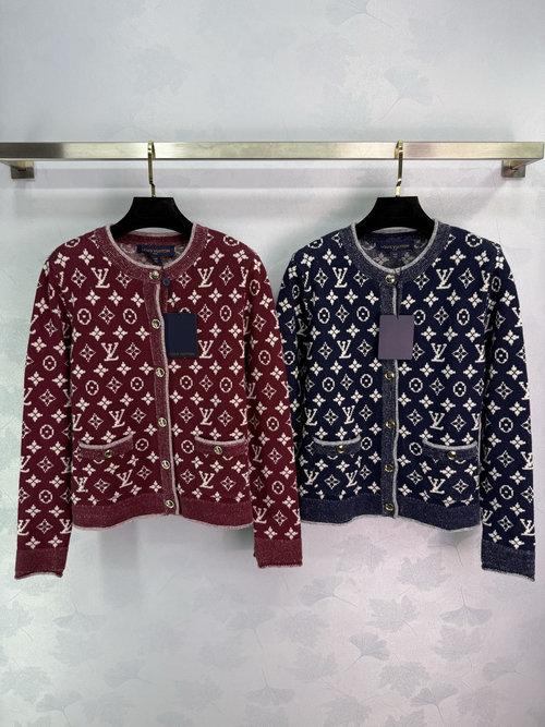 Louis Vuitton Round Neck Jacquard Knit Cardigan with Branded Buttons, Relaxed and Elegant