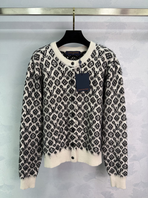 Louis Vuitton Knitted Round Neck Cardigan with LV Logo Jacquard and Button Decoration