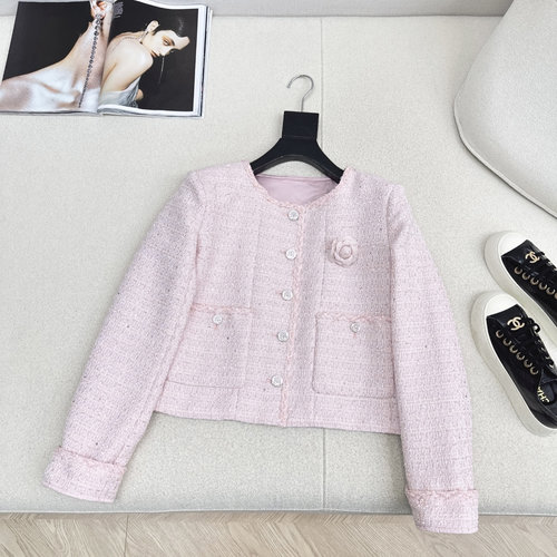 Chanel Pink Knit Short Coat with Chain and Flower Decoration