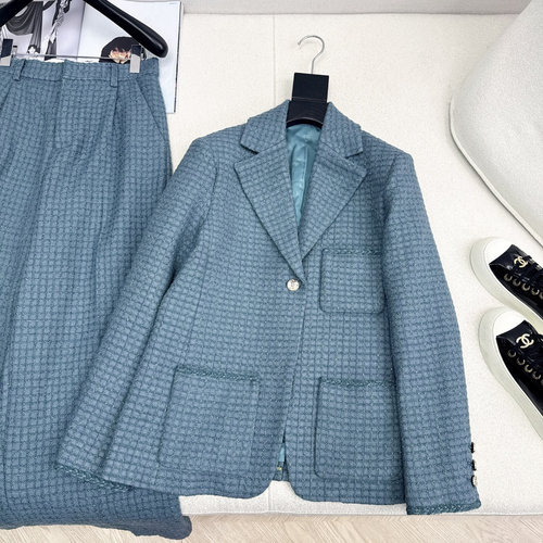 Chanel Customized Checked Tweed Blazer with Blue Grid and Silver Accents