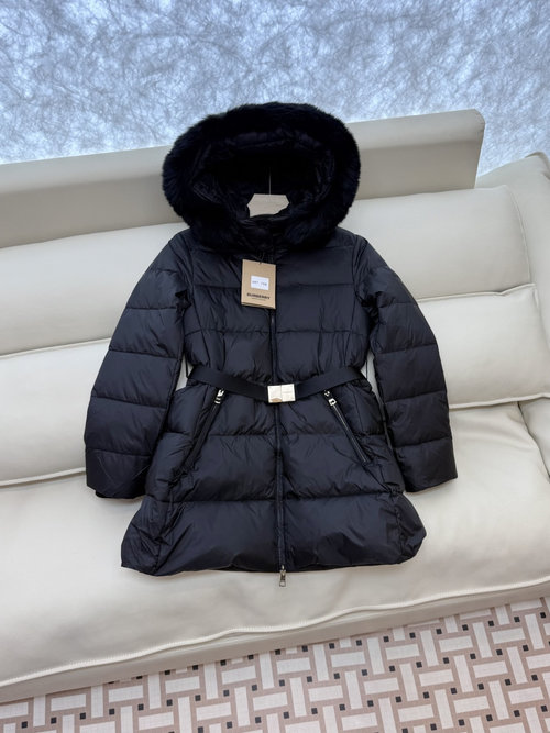 Burberry Detachable Fox Fur Collar, Short Belted White Goose Down Jacket