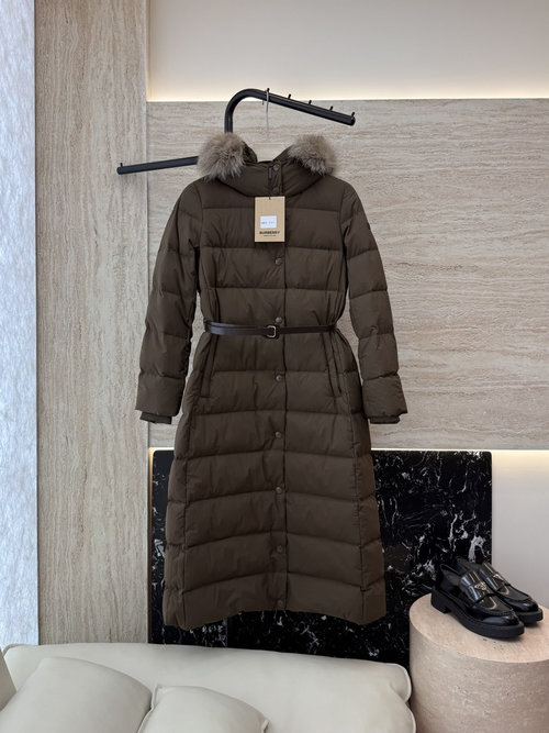 Burberry Detachable Fox Fur Collar, Long Belted White Goose Down Jacket