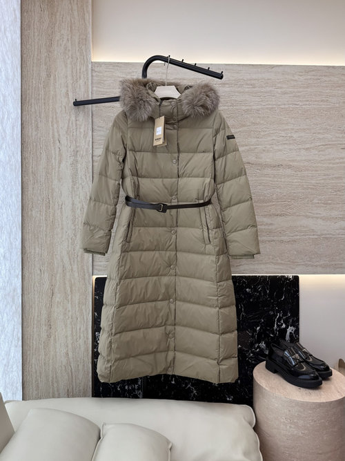 Burberry Detachable Fox Fur Collar, Long Belted White Goose Down Jacket