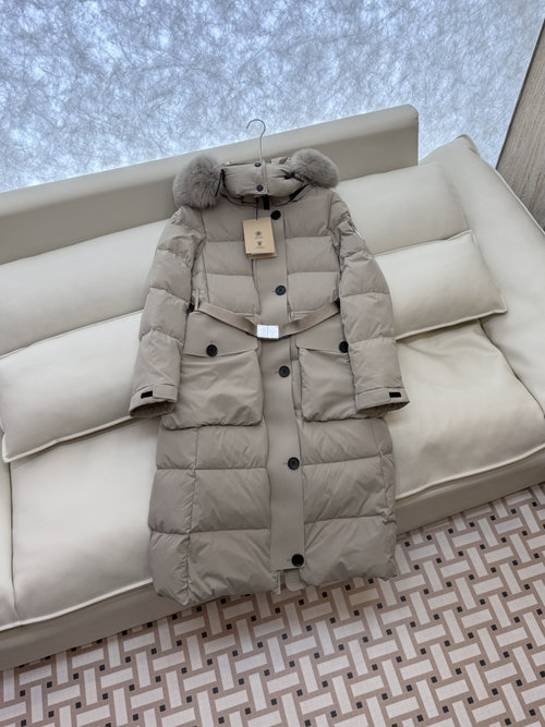 Burberry Detachable Fox Fur Collar, Long White Goose Down Jacket