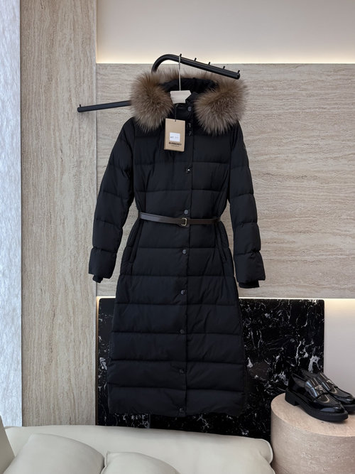 Burberry Detachable Fox Fur Collar, Long Belted White Goose Down Jacket