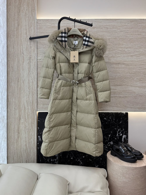 Burberry Detachable Fox Fur Collar, Long Classic White Goose Down Jacket