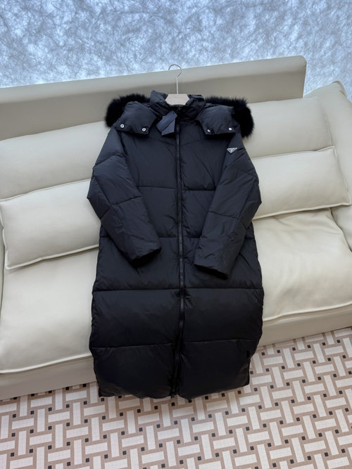 Prada Long Down Jacket with Triangular Logo and Fox Fur Collar, Available in Various Colors