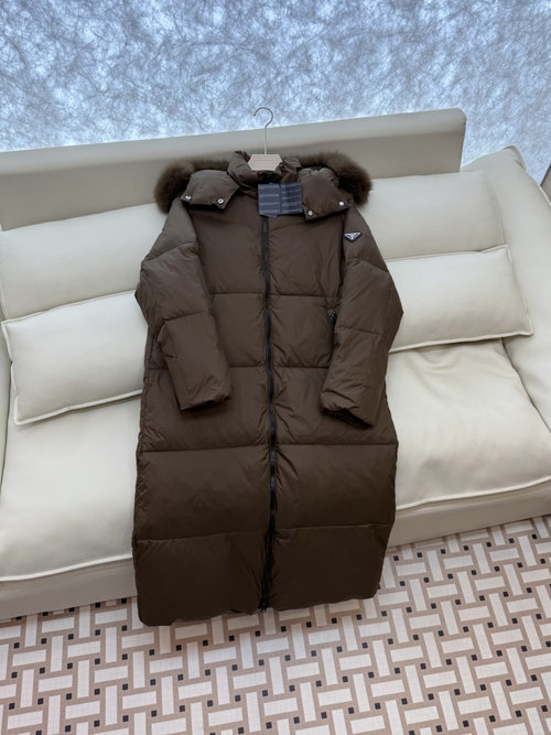 Prada Long Down Jacket with Triangular Logo and Fox Fur Collar, Available in Various Colors