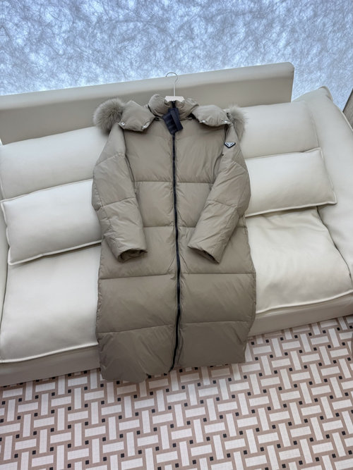 Prada Long Down Jacket with Triangular Logo and Fox Fur Collar, Available in Various Colors
