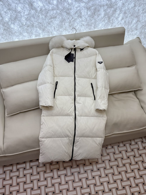 Prada Classic Long Down Jacket with Fox Fur Collar in Various Hues