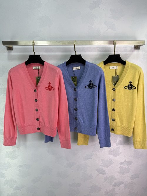 Vivienne Westhood V-Neck Long Sleeve Cardigan with Saturn Embroidery, Wool Fabric Style