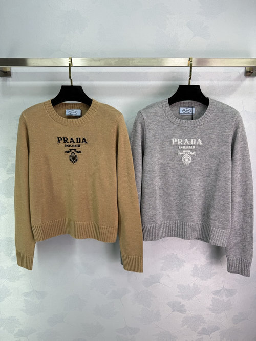 Prada Color-Block Embroidered Logo Knitted Long-Sleeve Sweater, Minimalist Design