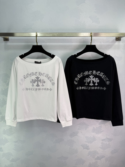 Chrome Hearts Rhinestone Cross-Embroidered Cotton Long Sleeve Shirt in Two Tones