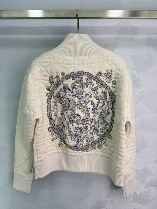 Dior Knit Jacket with Back Embroidery and Front Diamond Pattern, Half-Zip Design
