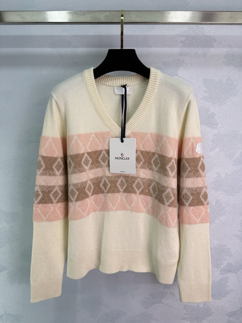 Moncler V-Neck Knit Sweater with Checker Pattern and Badge Decoration