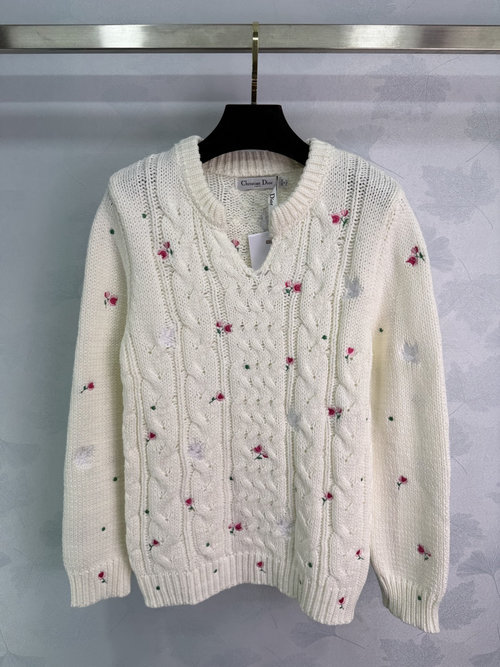 Dior Floral Embroidered V-Neck Loose-Fit Knit Top
