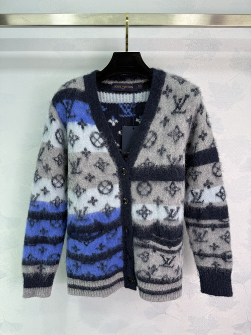 Louis Vuitton V-neck Cardigan with Intricate Logo Jacquard and Striped Contrast