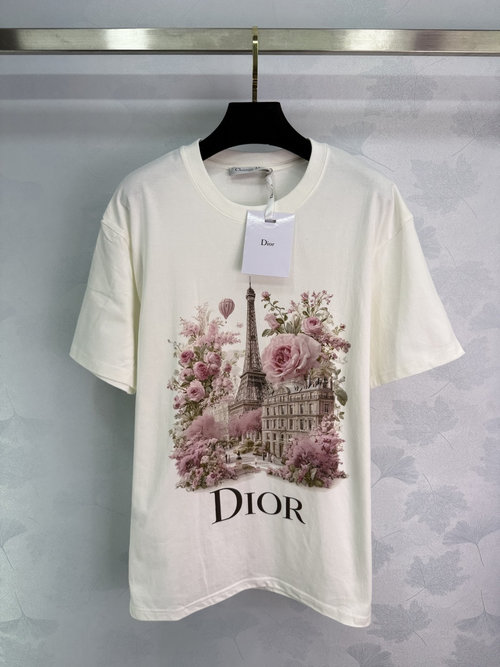 Dior Flower Print Short - Sleeve T - Shirt with Paris Tower Pattern