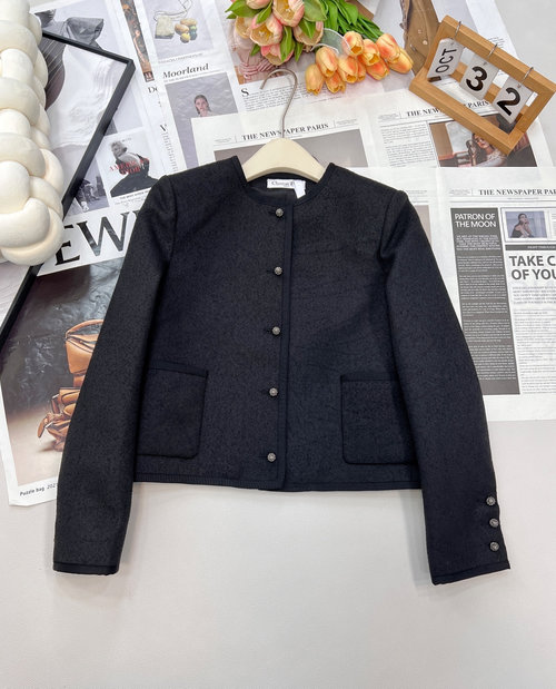 Dior Tailored Cotton Wool Round Neck Shoulder Pad Suit Jacket with Crystal Buttons