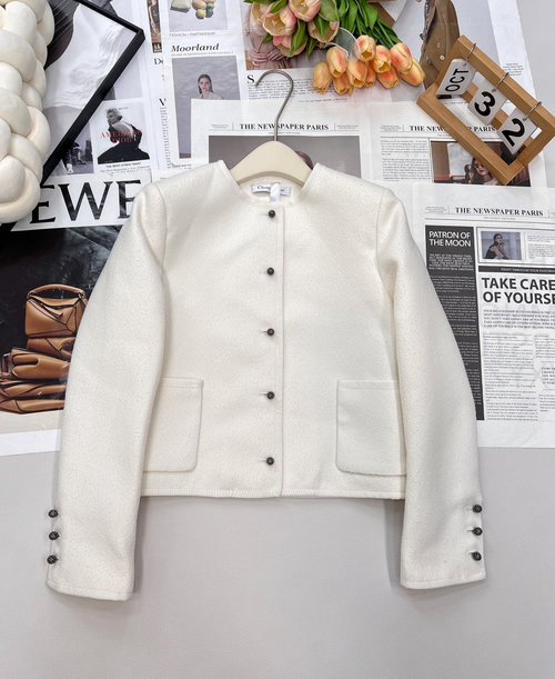 Dior Tailored Cotton Wool Round Neck Shoulder Pad Suit Jacket with Crystal Buttons