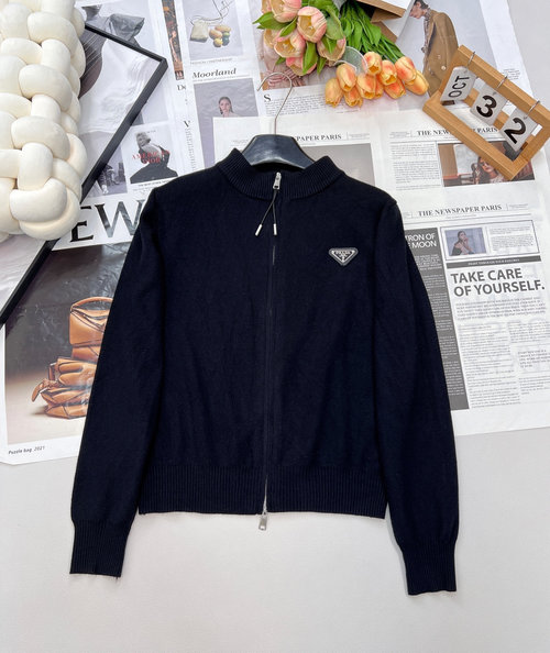 Prada Machine-Woven Knitted Zip-Up Coat, Practical & Stylish