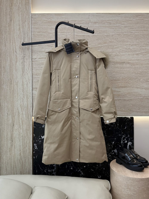 Prada Long Waist-Slimming Down Jacket with Oversized Fox Fur Collar, Two Color Options