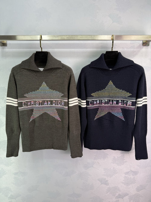 Dior Color Block Logo Collarless Knitted Top with Gradient Star Embroidery