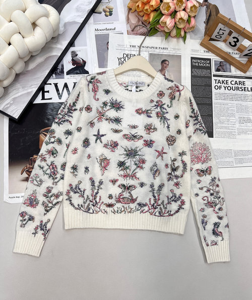 Dior Fresh Floral Embroidery Cashmere Sweater, Romantic and Classic