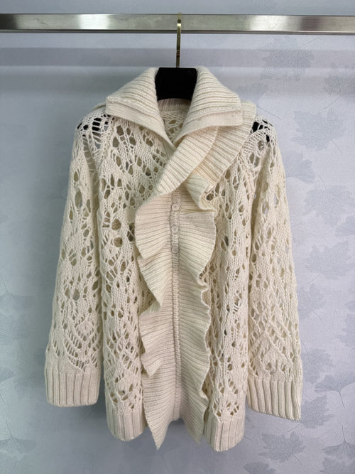 Dior Lace Hollow Out Knitted Cardigan with Ruffled Trim and Delicate Patterns