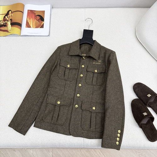 Miu Miu Wool Herringbone Lapel Coat with Vintage Charm