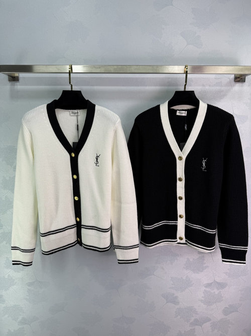 Yves Saint Laurent Black and White Contrast Knit Cardigan with V-Neck and Gold Button Accents