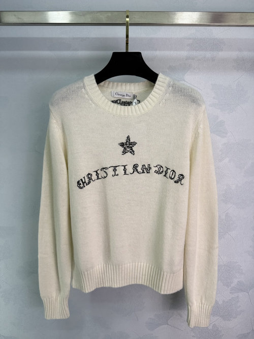Dior Soft Knit Round-Neck Long-Sleeve Top with Star and Flower Letters