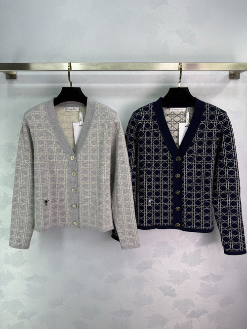 Dior Color-Block Diamond V-Neck Knitted Cardigan with Logo-Engraved Buttons