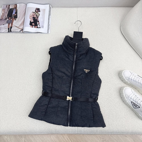 Prada Waist-Trimmed Woolen Down Vest with Logo Decoration