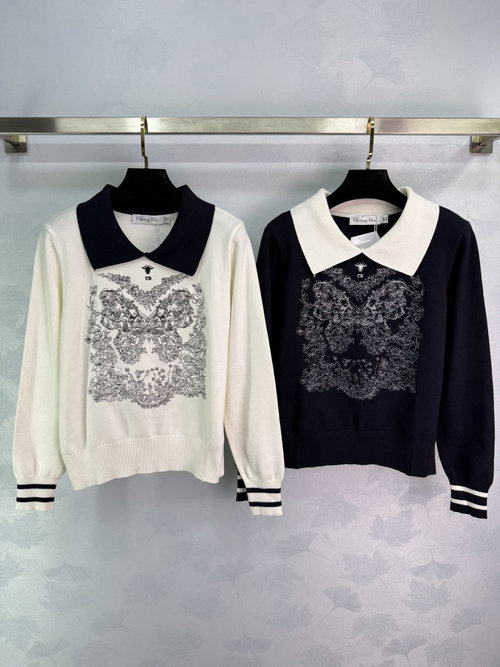Dior Butterfly Embroidered Knit Sweater with Striped Cuffs