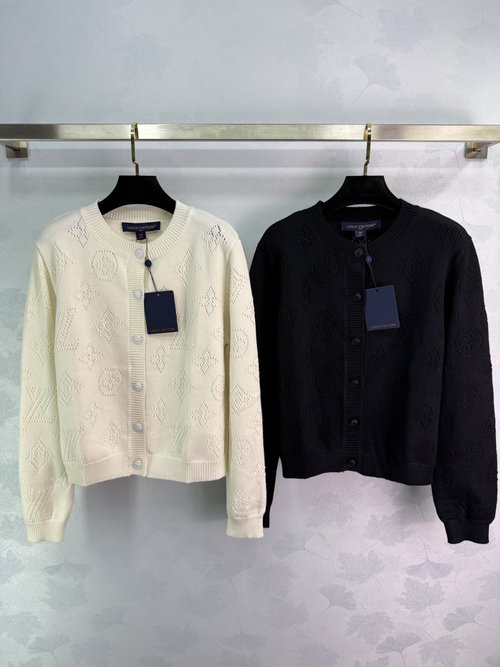 Louis Vuitton Geometric Lace Knit Cardigan with Round Neck Design