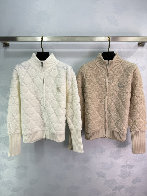 Dior Tencel Textured Baseball Collar Jacket with Rhinestone Logo, Refined and Charming