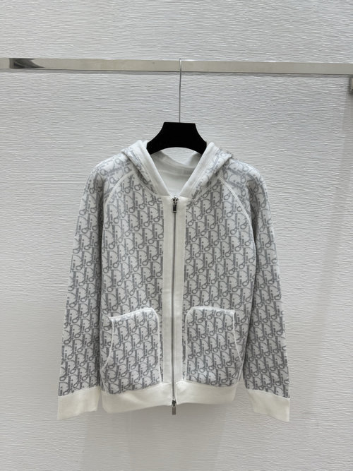 Dior Double-Sided Cashmere Knit Hooded Coat with Embroidery Logo