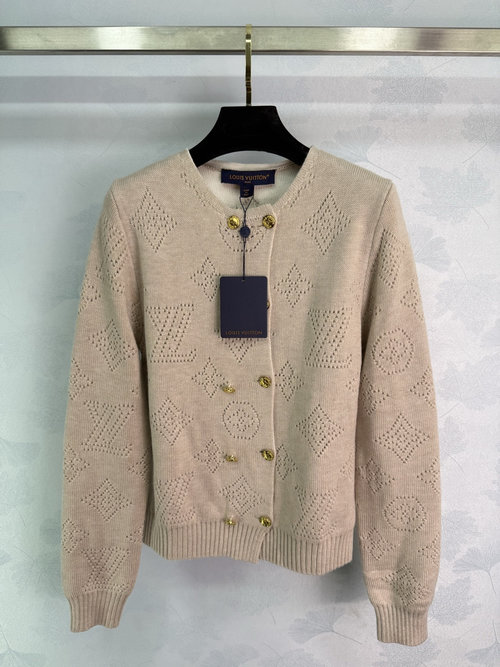 Louis Vuitton Round Neck Knit Cardigan with Logo Cut-Out Pattern and Metal Buttons