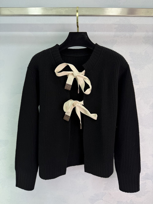 Louis Vuitton Elegant Black Cashmere Cardigan with Double Bow Accents