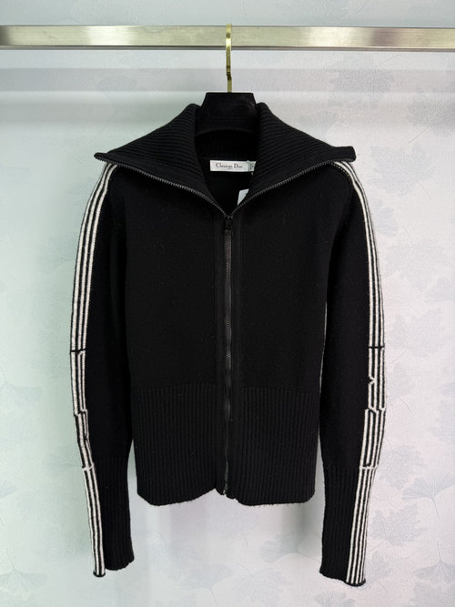 Dior Classic Zip-Up Knit Cardigan with White Stripe Sleeves