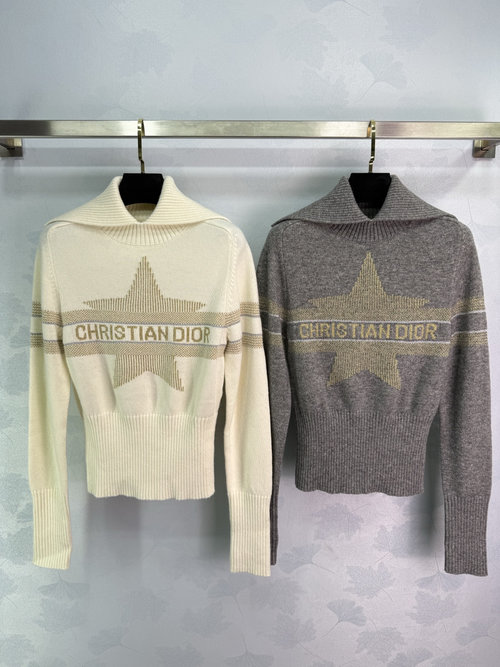 Dior Knitted Sweater with Golden Star and Letter Embroidery on Chest