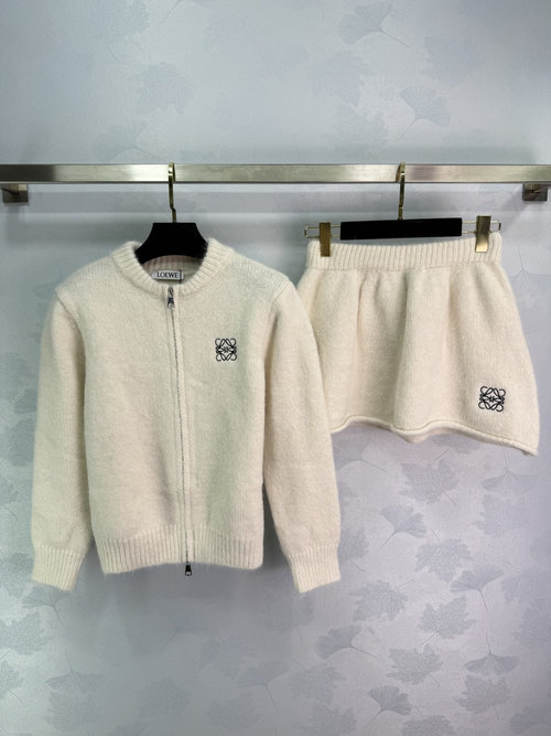 Loewe Wool Knit Set with Zip-Up Cardigan and Skirt, Delicate Logo Embroidery, Soft and Comfortable