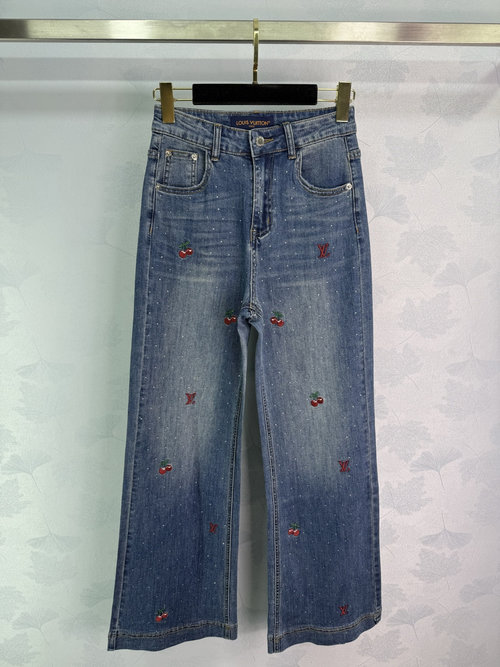 Louis Vuitton Cherry Embroidered Denim Jeans adorned with Diamond Details