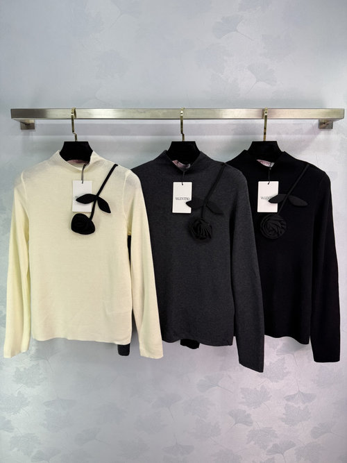Valentino Semi-High Neck Knit Top with Black Rose Embellishment