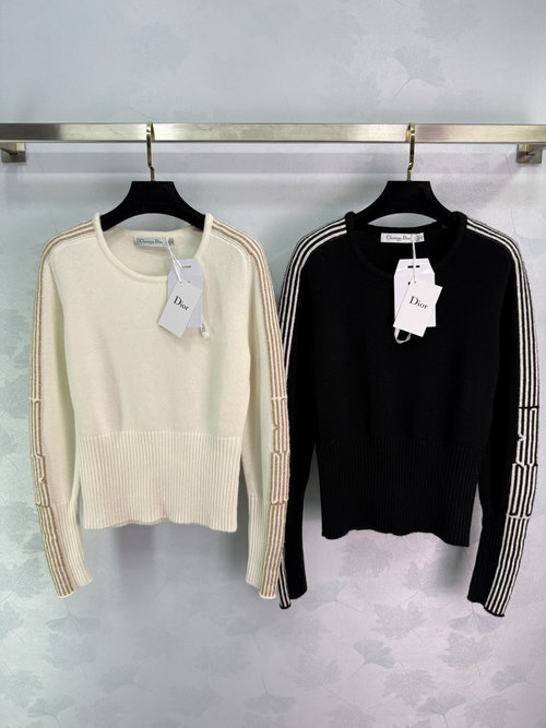 Dior Black and White Knit Sweater with Gold Stripe Sleeves