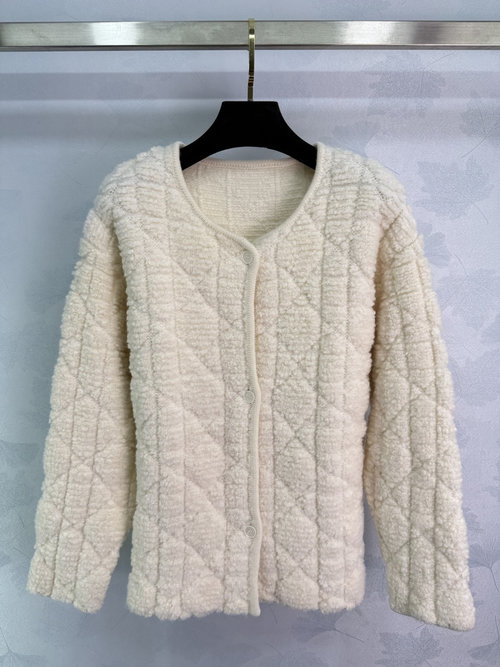 Dior Diamond Quilted Fuzzy Coat with Round Neck and Soft Wool Blend