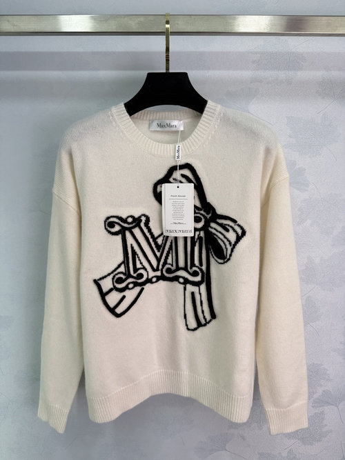 Max Mara White Cashmere Wool Sweater with Black Bow and Letter Pattern, Relaxed Fit
