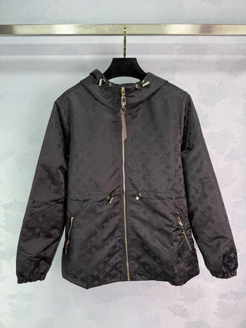 Louis Vuitton Black Monogram Hooded Jacket with Gold Zipper, Waterproof and Windproof