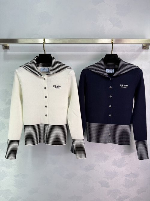 Prada Navy Collar Knit Cardigan with Classic Stripe and Letter Embroidery